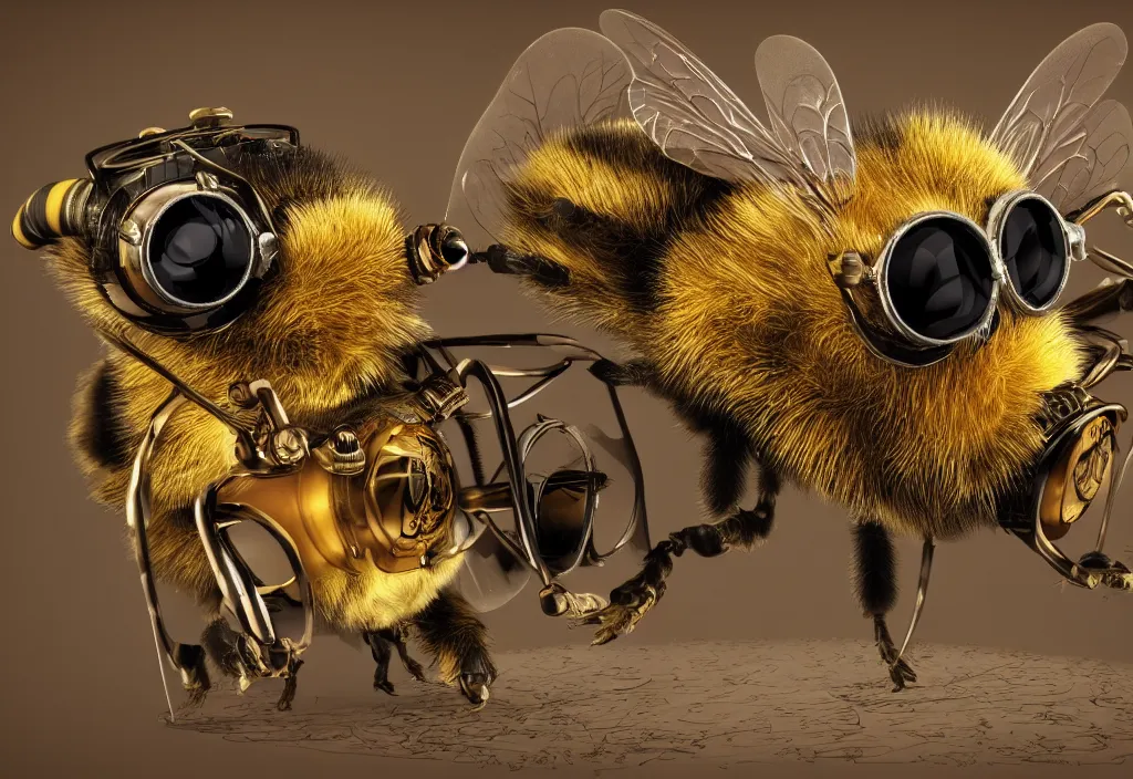 Image similar to high definition render of bees wearing steampunk goggles