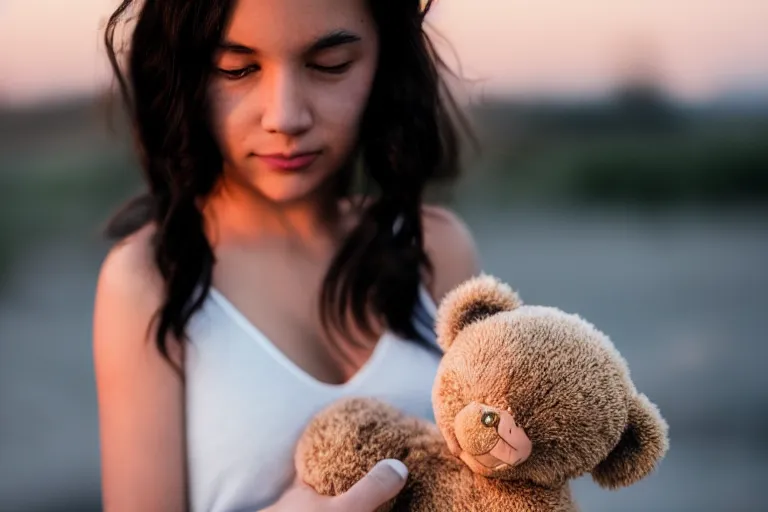 Prompt: canon, 30mm, bokeh, girl holding a teddy bear, snuggly, black hair, sunset, contrejour