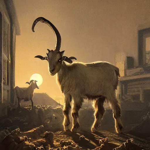 Image similar to goat in the painted world of resident evil and bruce pennington, head and shoulders masterpiece, apocalypse, golden hour, cosmic horror, artstation, in the style of goya and edward hopper and bosch, extremely detailed