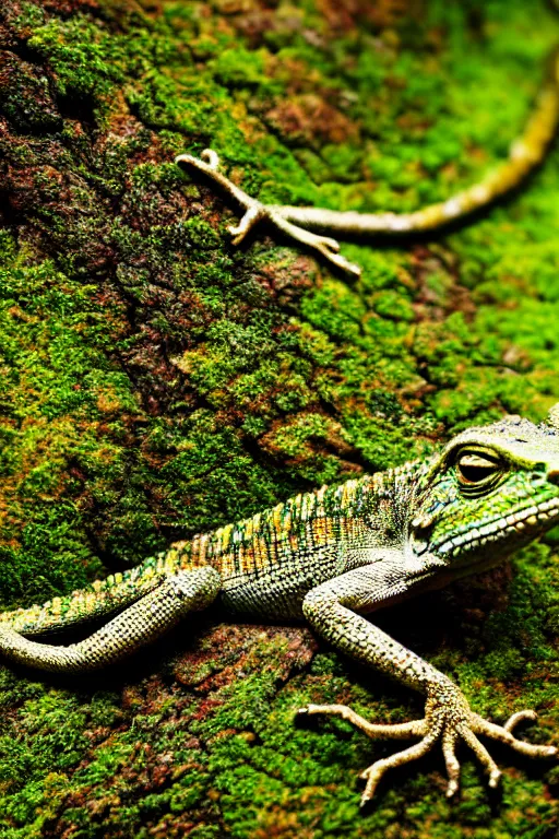 Image similar to a macro portrait photo of a lizard on a moss covered rock, shiny scales, moss and vegetation, ancient forest, close - up, intricate details, intricately detailed textures, warm lighting, vivid colors, smoke and mist, hyper realistic octane render, volumetric shading, depth of field, raytracing, 8 k,