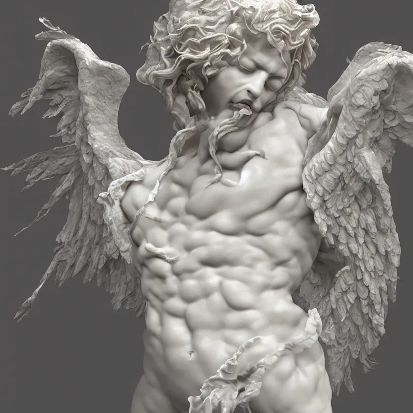 Image similar to realistic digital painting of a stunning intricate cracked white marble falling angel with face of piero angela bernini sculpture, trailing white vapor, mycelium stands and misty xparticles neutral tone background, trending on artstation, hyperrealism, matte painting, subsurface scattering