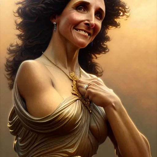 Prompt: ultra realistic illustration, a statue of a glorious goddess julia louis - dreyfus, intricate, elegant, highly detailed, digital painting, artstation, concept art, smooth, sharp focus, illustration, art by artgerm and greg rutkowski and alphonse mucha