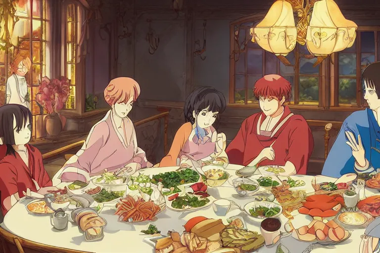 Image similar to cell shaded anime key visual of a royal family having a feast in the style of studio ghibli, moebius, ayami kojima, makoto shinkai, dramatic lighting, clean lines