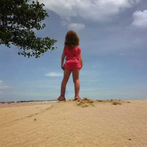 Prompt: a huge tower of sand on the beach a little girl standing next to it