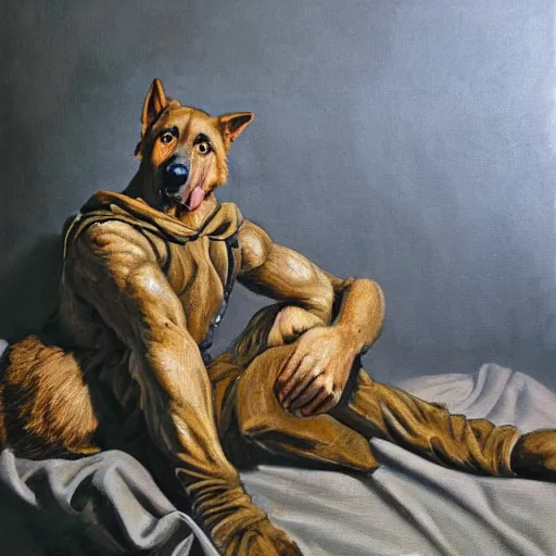 Image similar to a oil painting of a humanoid german shepherd beast - man, wearing military outfit, sitting on the carpeted floor beside a bed