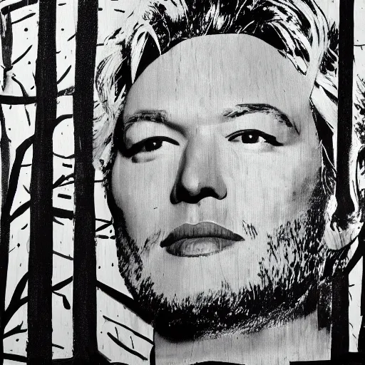 Image similar to andy warhol paintings of blake shelton in a mysterious forest