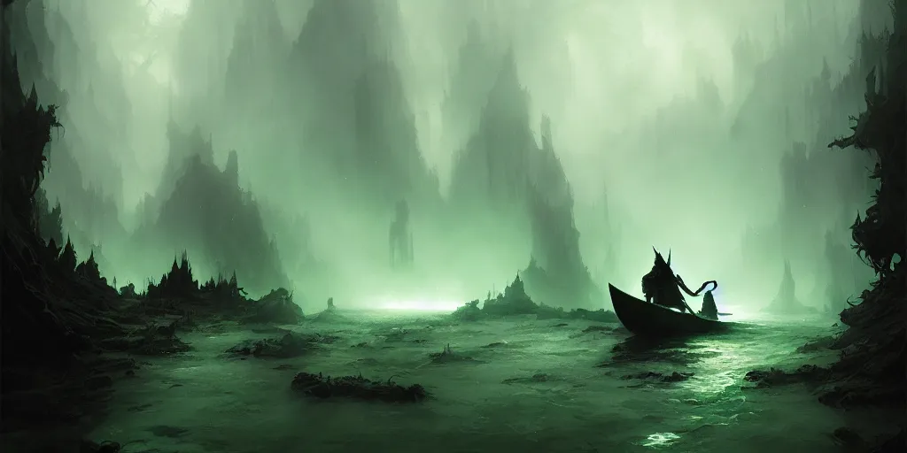 Image similar to magical subterranean river styx, a man in a cape on a boat with a sword, ethereal swirling green mist, dramatic lighting, magical atmosphere,, gothic illustration, greg rutkowski, andreas rocha, ashley wood, soft edges, low detail, trending on artstation