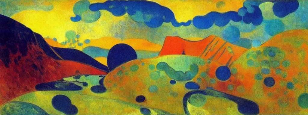 Image similar to An insane, modernist landscape painting. Wild energy patterns rippling in all directions. Curves, organic, zig-zags. Mountains, clouds. Rushing water. Waves. Psychedelic dream world. Odilon Redon. Andre Derain.