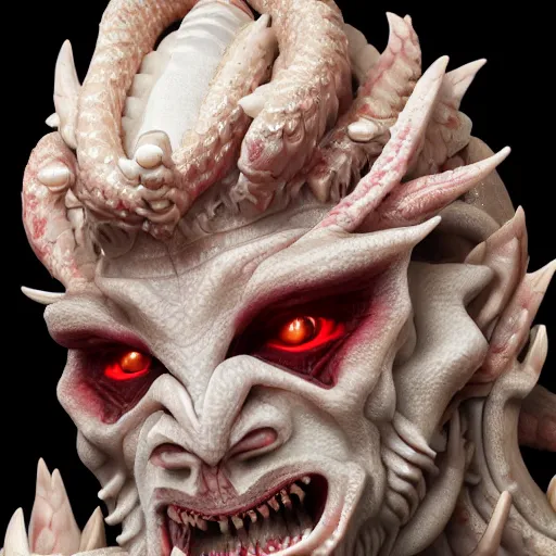 Image similar to a closeup portrait photo, alabaster and ruby real delicate ceramic porcelain sculpture of an ornate detailed humanoid dragon demon devil god in front of an intricate background by rafael, micro detail, backlit lighting, subsurface scattering, translucent, thin porcelain, fire, flames, amber, octane renderer, colorful, physically based rendering, trending on cgsociety