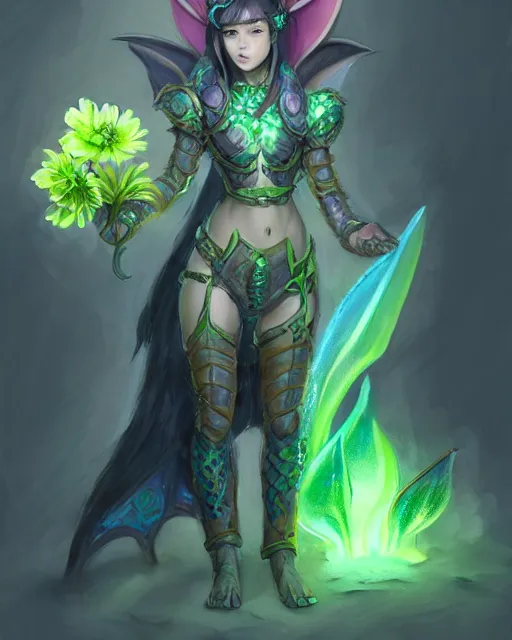 Image similar to concept art of a dragon girl hybrid, wearing tight medival armour, holding a green bioluminescent flower | | cute - fine - fine details by stanley artgerm lau, wlop, rossdraws, james jean, andrei riabovitchev, marc simonetti, and sakimichan, trending on artstation