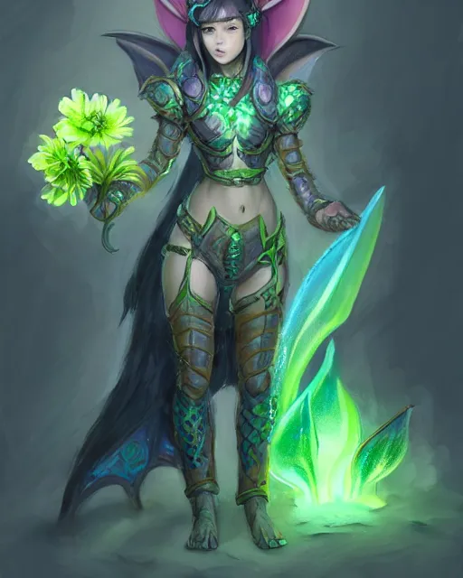 Prompt: concept art of a dragon girl hybrid, wearing tight medival armour, holding a green bioluminescent flower | | cute - fine - fine details by stanley artgerm lau, wlop, rossdraws, james jean, andrei riabovitchev, marc simonetti, and sakimichan, trending on artstation