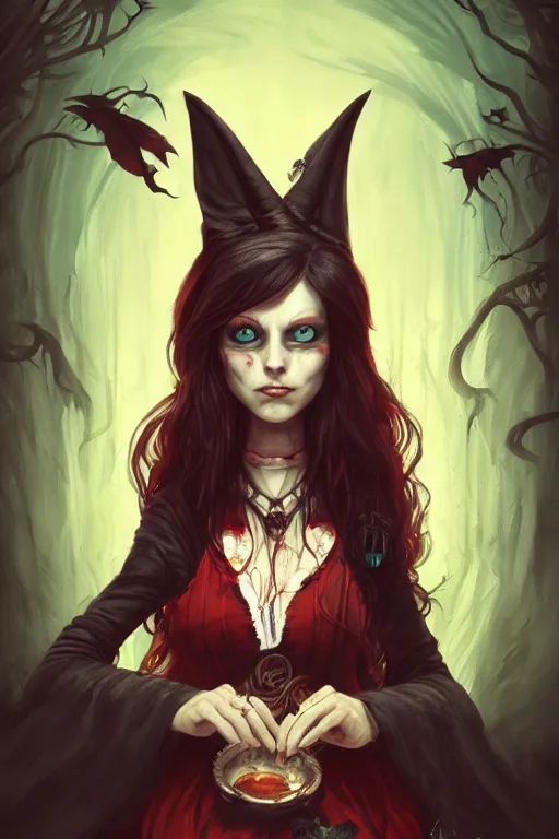 Image similar to portrait of a witch, american mcgee's alice, sharp focus, artstation, trending, by julie dillon, luis melo, tyler miles lockett, lei jin, hong lei, ken wong, adam narozanski, joy ang