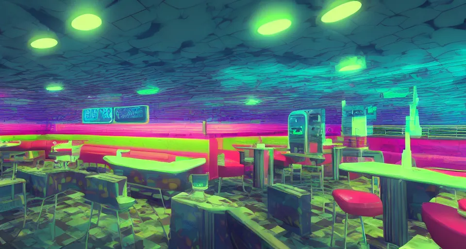 Prompt: 80s vaporwave outrun 3d Render of deep sea mcdonalds, liminal space retro, grainy, noisy