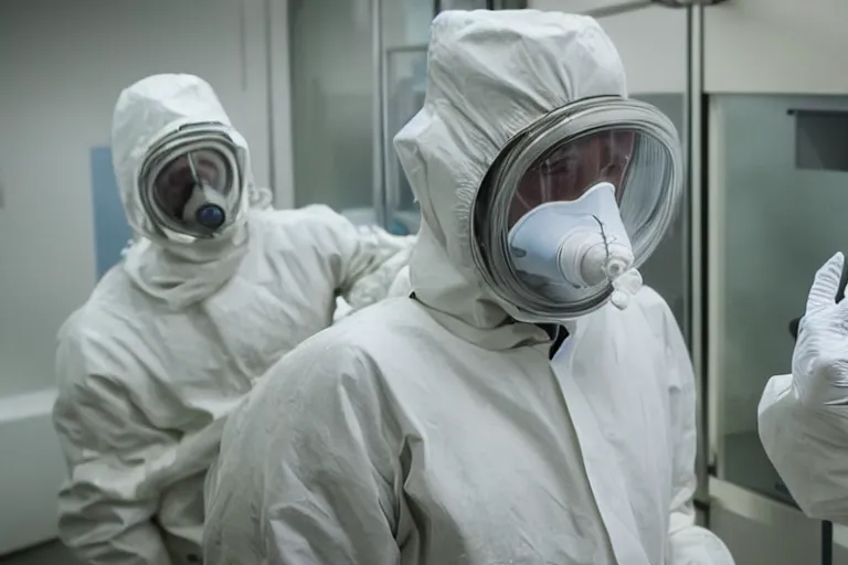 Image similar to man wearing hazmat suit in cleanroom examining alien. by Roger Deakins