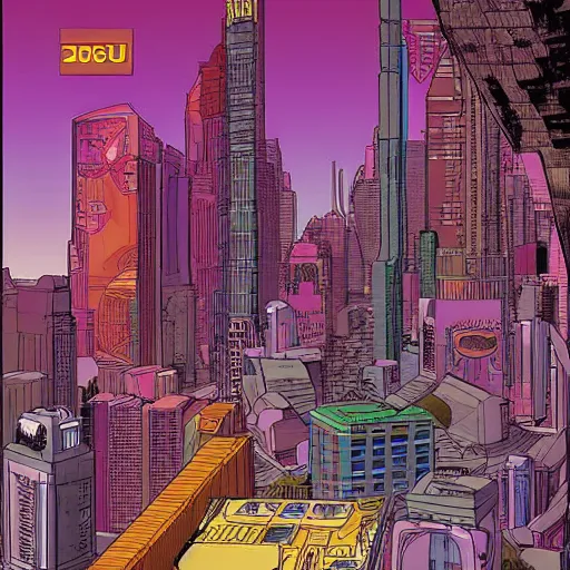 Image similar to A digital art of a city in 2055, detailed award winning comic cover by moebius