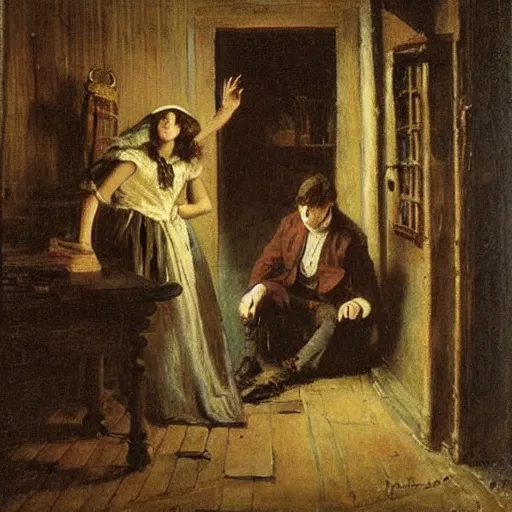 Prompt: young victorian man and woman solving a riddle in a dungeon, by alfred stevens