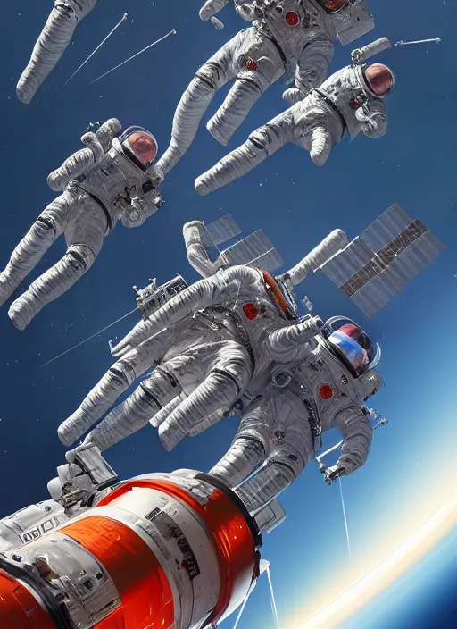 Image similar to closeup hyperdetailed shot of taikonauts cosmonauts and astronauts connecting iss with tiangong space station by ross tran, thierry doizon, craig mullins, ilya kuvshinov, artgerm, edward hopper, dan mumford, wlop, rutkovsky, carl spitzweg, moebius, unreal engine 5, lumen, nanite