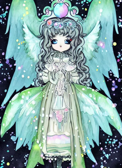 Image similar to gothic lolita cute angelic archangel, religious art watercolor slimy slime drenched skinny divine holy skellington being of glitter glue, pastel cute slime, 3 d polygon ui of neon ornamental rococo frames, maximalist decora gyaru sanrio murakami pixar concept art