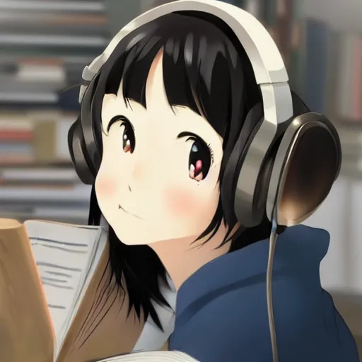 weak-caribou574: a girl [anime-style] using headphones, listenning lo-fi  music, picture for profile.