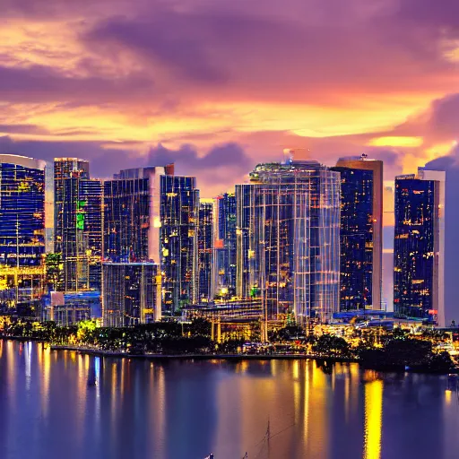 Prompt: a cinematic shot of downtown miami at golden hour, vivid sunset, canon eos c 3 0 0, ƒ 4. 0, in - focus, 3 5 mm, 8 k, medium - format print, inspired by roger deakins cinematography