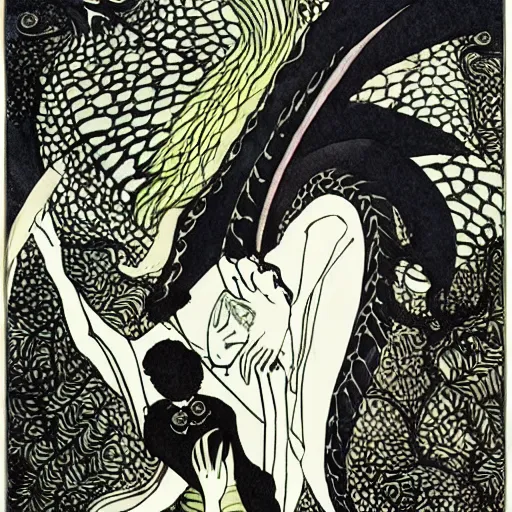 Image similar to the dragon lord of dreams watercolour painting by Aubrey Beardsley