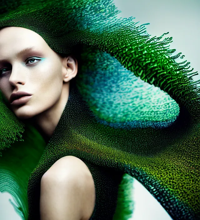 Image similar to photography face portrait of one female fashion model in rainforest, wearing one organic futurist shawl designed by iris van herpen,, creative colorfull - makeup, curly hair style half _ long, photography by paolo roversi nick knight, helmut newton, avedon, and araki, sky forest background, natural pose, highly detailed, skin grain detail