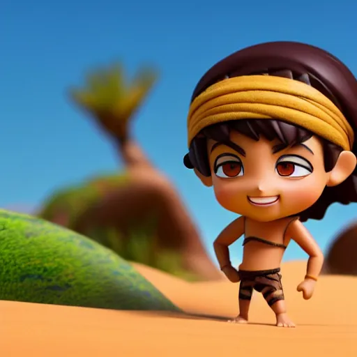 Prompt: cartoon funny arabian warrior as nendoroid walking in a desert in the croods movie style, anime, disney, pixar, 8 k, hd, dof, kodak film, volumetric lighting, subsurface scattering, photorealistic, octane render, details