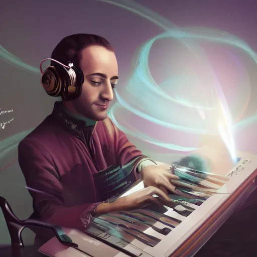 Image similar to Mozart listening on his laptop to sick beats on spotify, artstation, digital painting, 4k, light ray, particles