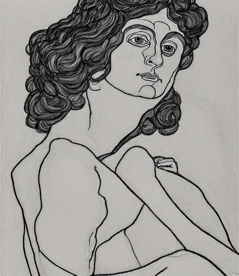 Image similar to detailed line art portrait of isadora duncan, inspired by egon schiele. caricatural, minimalist, bold contour lines, musicality, soft twirls curls and curves, confident personality, raw emotion