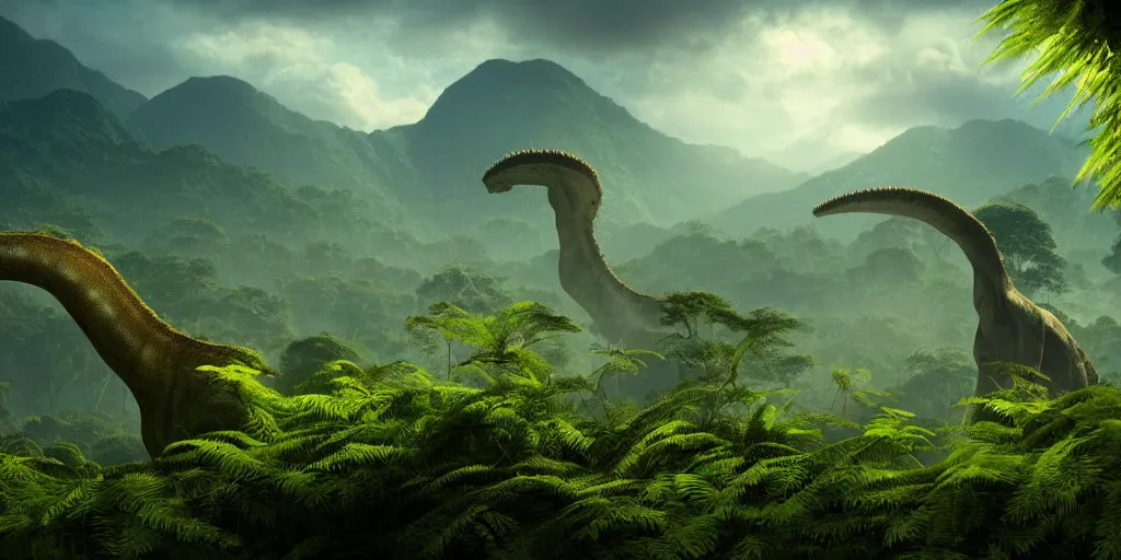 Image similar to a distant prehistoric fern jungle, a silhouette of a distant sauropod head in the background, mountains, clouds, volumetric lighting, hazy, washed out, an award winning digital render, beautiful, ultradetailed, hyperrealistic, great composition