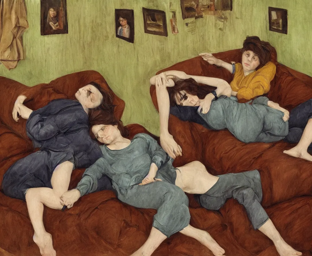 Prompt: portrait of bella and esther lying horizontal, in an old english apartment on a brown leather sofa. one is wearing a dark blue sweather, the other a white shirt. brown hair, they are looking into the camera. wide shot. in the style of lucien freud. oil painting. green mood. isometric perspective