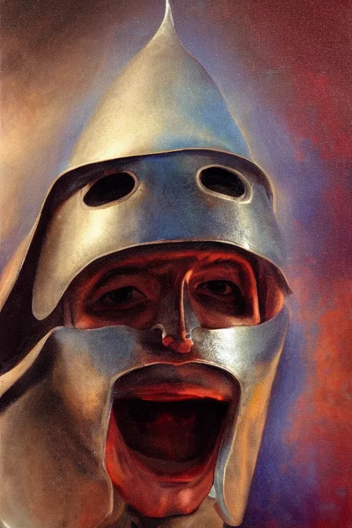 Prompt: hyperrealism oil painting, close - up portrait of face hiding in stingray medieval fashion model, knight, steel gradient mixed with nebula sky, in style of baroque mixed with 7 0 s book art