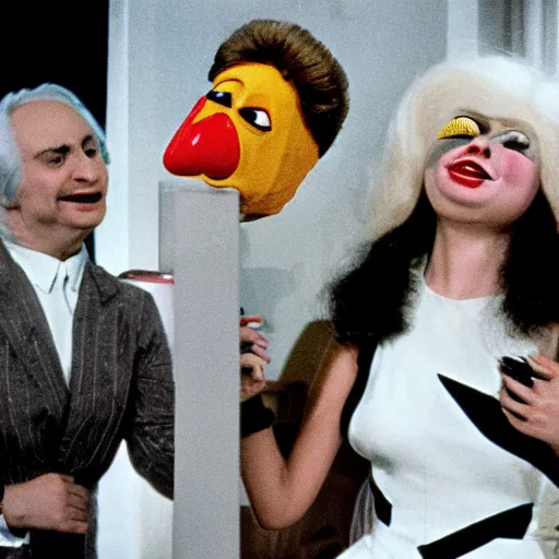 Image similar to 1983 happy woman on tv showwith a long prosthetic snout nose, big nostrils, wearing a dress in a cafe 1983 color archival footage color film 16mm Fellini Almodovar John Waters Russ Meyer with hand puppet