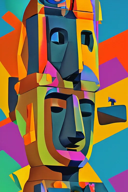 Image similar to cubist moai statue cutout digital illustration cartoon colorful beeple