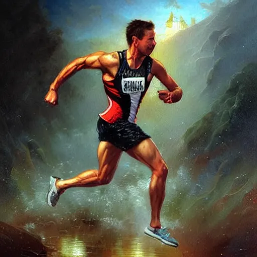 Image similar to portrait of a olympic games champion running, an oil painting by ross tran and thomas kincade