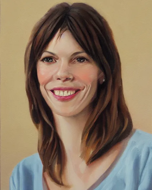 Prompt: a portrait painting of sabrina lloyd / perdita weeks / nicole de boer hybrid oil painting, gentle expression, smiling, elegant clothing, scenic background, behance hd by craig mallismo