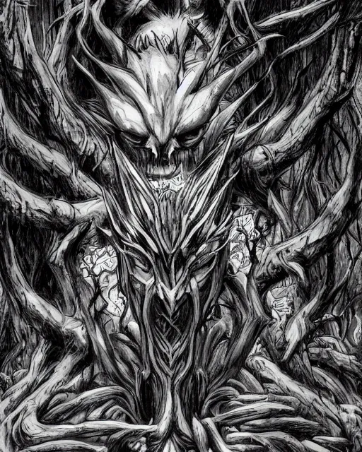 Image similar to A forest elemental, terrifying, black and white, fantasy art, monster art, in the style of masami kurumada, illustration, epic, fantasy, intricate, hyper detailed, artstation, concept art, smooth, sharp focus, ray tracing