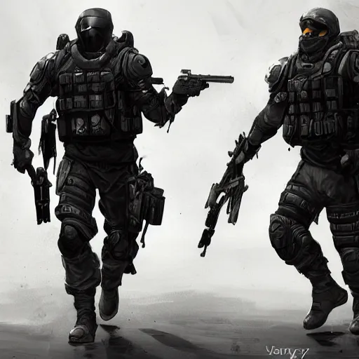 Image similar to Mercenary Special Forces in grey uniforms with black armored vests dying in 2020, by Cedric Peyravernay, highly detailed, excellent composition, cinematic concept art, dramatic lighting, trending on ArtStation