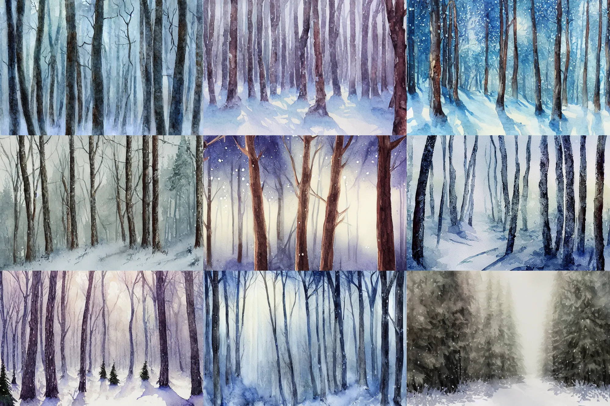 Prompt: Winter forest, high quality watercolors, award winning, trending on ArtStation