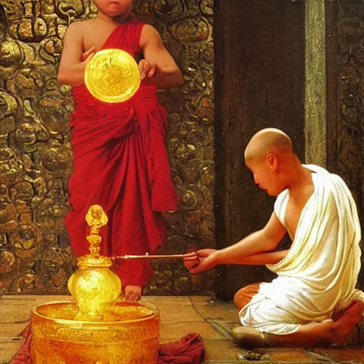 Image similar to highly cunning buddhist monk pouring liquid gold into monk kid head baroque style, painting by gaston bussiere, craig mullins, j. c. leyendecker, lights, art by ernst haeckel, john william godward, hammershøi,