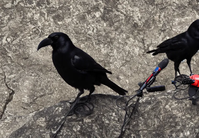 Prompt: a 4k photo of a crow with a microphone interviewing another crow, warm natural lighting, standing on rocks, under the soft shadow of a tree