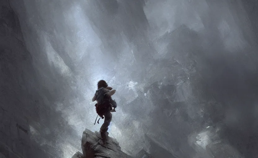 Image similar to a climber climbs into a storm, painting by craig mullins, octane rendering, soft morning lighting, wide angle lens, in the style of hayao miyazaki, trending on artstation,