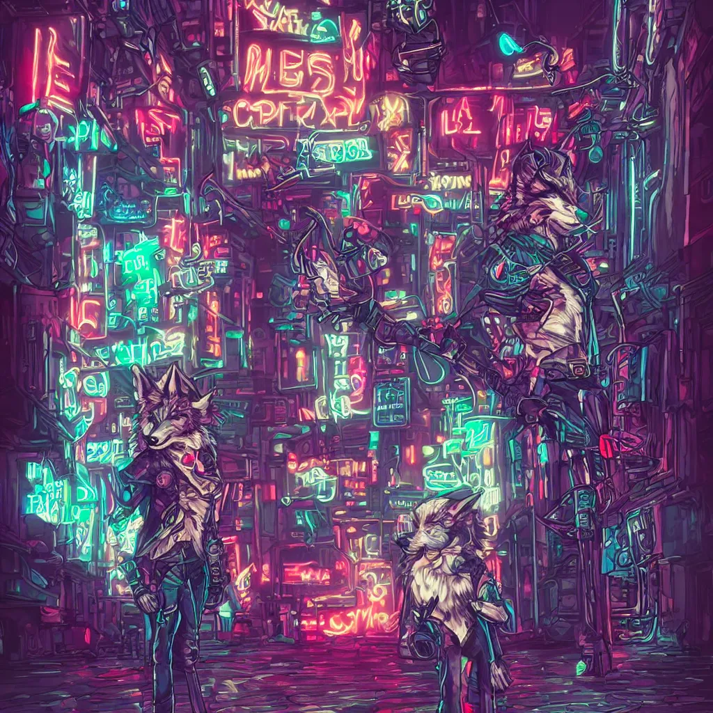 Image similar to beautiful furry art portrait commission of a androgynous furry anthro wolf fursona both wearing punk clothes in the streets of a cyberpunk city. neon signs.