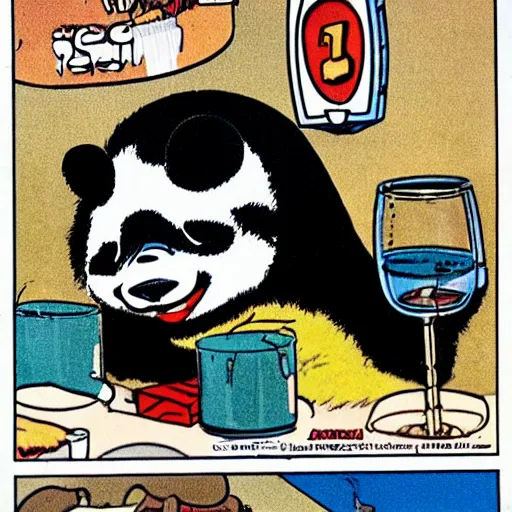 Image similar to a humorous full - color comic illustration from a 1 9 7 0 s issue of mad magazine in which an anthropomorphic panda walks into a bar and then eats, shoots, and leaves.