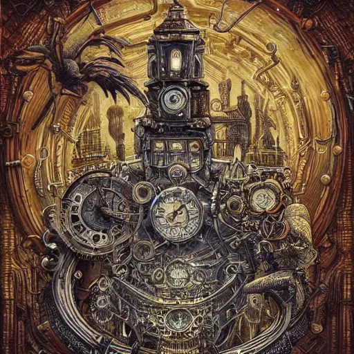 Image similar to a hyper realistic painting of an intricate steampunk labyrinth, by joe fenton, highly detailed, vivid color,