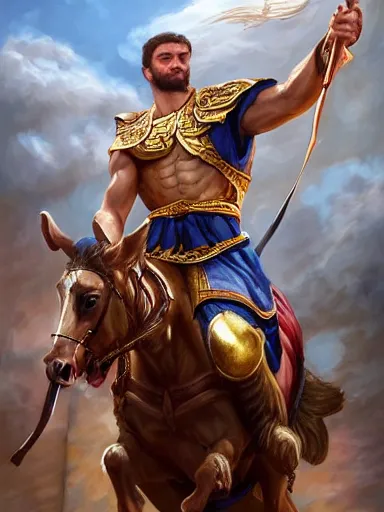 Prompt: a olimpic greek hero, laurels of glory in his head, entering triunphantly a city mounted in a horse. full of pride. victorirous. prideful.. intricate, elegant, highly detailed, digital painting, artstation, concept art, sharp focus, illustration, by justin gerard and artgerm, 8 k