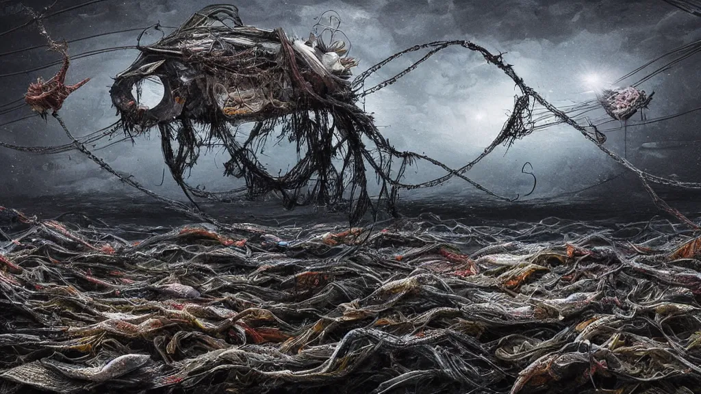 Image similar to Thousands of dead fish in space, fish hooks, seaweed, highly detailed, yuumei, Adam duff lucidpixul, natural lighting, dark atmosphere, digital painting, creepy and dark feelings, metal fishing hooks and nets everywhere, in the background there is an image of the earth dying