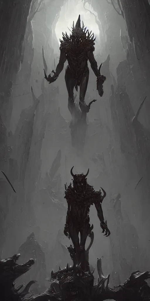 Prompt: a great demon who is standing before the giant gods, full single body, character design, Dark fantasy, unreal engine, high detail, realistic, sci-fi, trending on artstation, Greg Rutkowski,