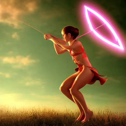 Image similar to cupid shooting an arrow, the arrow is glowing pink, matte painting, cinematic, 4 k
