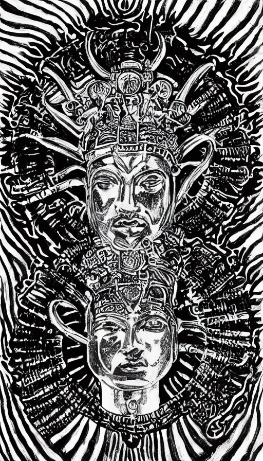 Image similar to the emperor, ram horns sprouting from his head, golden taurus, mars energy, ankh, wisdom, tarot, black and white painting, by daniel martin diaz
